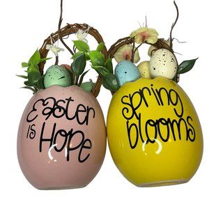 Egg Ceramic Decor Vases with Spring and Easter Message and Designs- Set/2